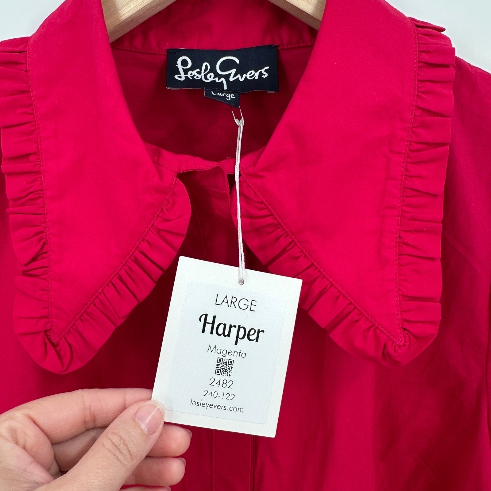 Lesley Evers Harper Magenta Pink Cotton Ruffle Collar Shift Dress Large Nwt Read — image 6 of 8